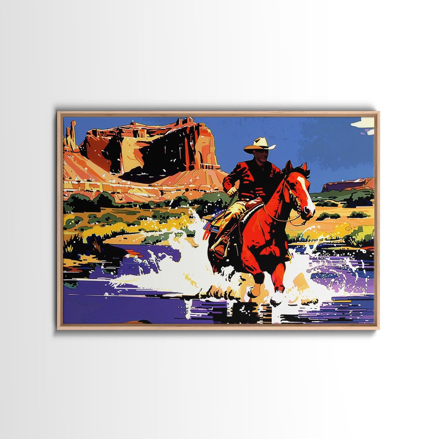 Crossing The Colorado River, Framed Canvas Print, Kitsch Western Wall Art, Colorful Western Painting Original Artwork, Pop Art Painting