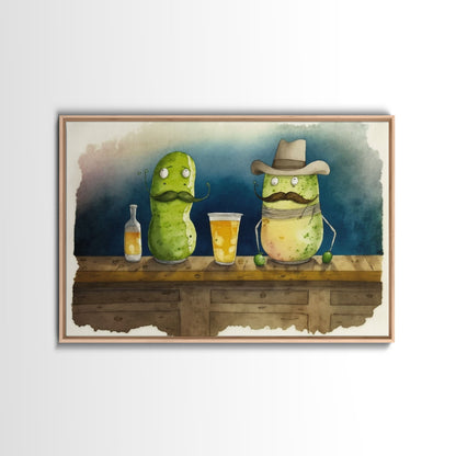 Funny Pickles In A Bar, Watercolor Painting Print, Framed Wall Art, Funny Decor, Kitsch Art, Framed Canvas Pickle Art