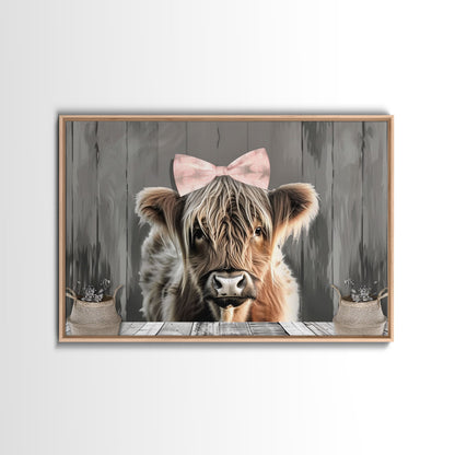 Framed Wall Art Texas Cattle, Wood Framed Canvas Print, Farmhouse Decor, Minimalist Rustic Farmhouse Painting, Cute Nursery Wall Art