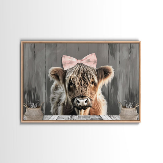 Framed Wall Art Texas Cattle, Wood Framed Canvas Print, Farmhouse Decor, Minimalist Rustic Farmhouse Painting, Cute Nursery Wall Art