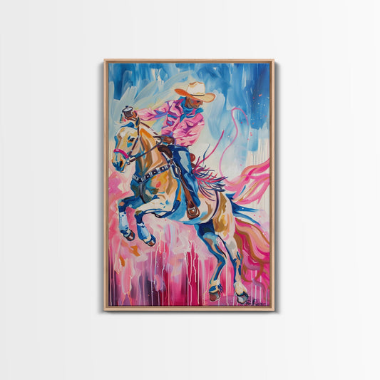 Dynamic Cowboy and Horse Painting - Colorful Western Art, Framed Canvas Print, Living Room Decor, Cowboy Riding Wall Art