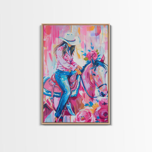 Cowgirl with Floral Horse - Colorful Western Art, Framed Canvas Print, Living Room Decor, Cowgirl Painting, Vibrant Wall Art