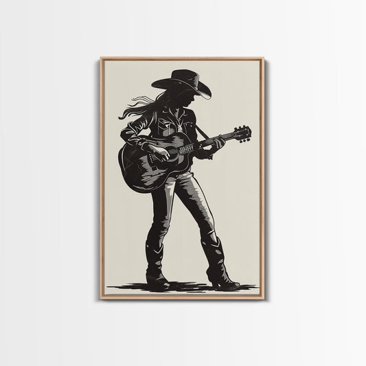 Cowgirl Guitarist Silhouette Art Print, Retro Western Framed Canvas, Vintage Country Music Art, Unique Wall Decor for Home