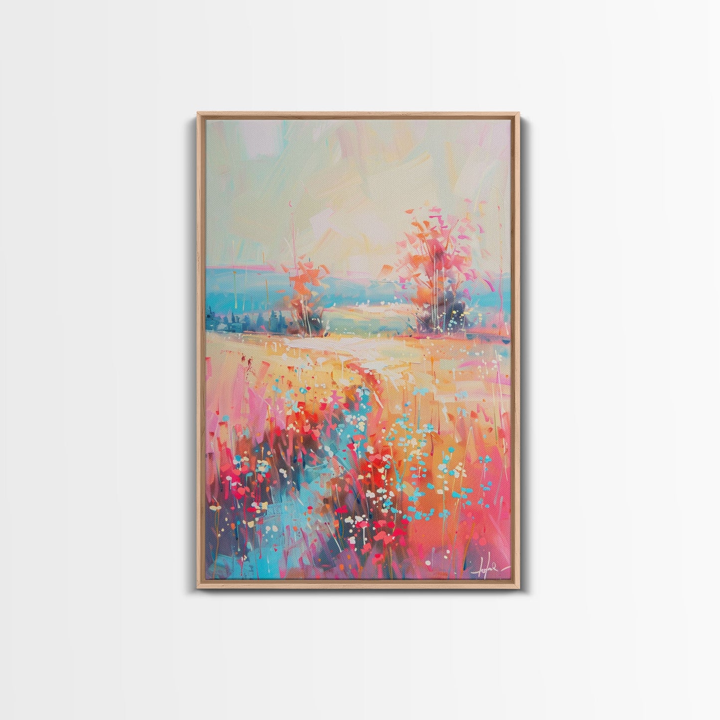 Luminous Landscape with Wildflowers - Framed Canvas Print, Radiant Living Room Art, Bright Bedroom Decor, Colorful Flower Art, Wall Art