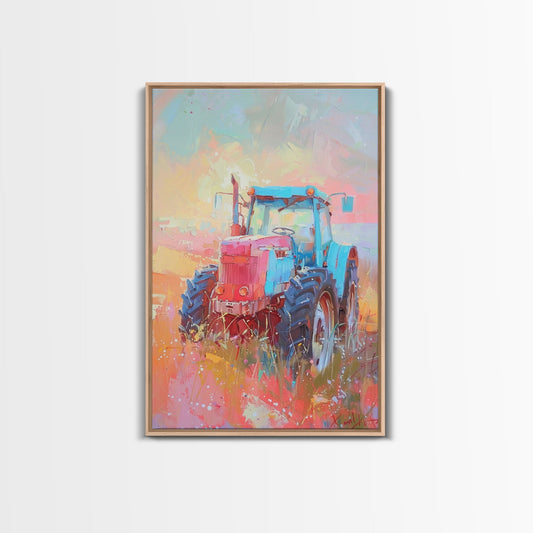 Colorful Tractor in Pastel Field - Framed Canvas Print, Farmhouse Living Room Art, Rustic Bedroom Decor, Rural Art, Wall Art