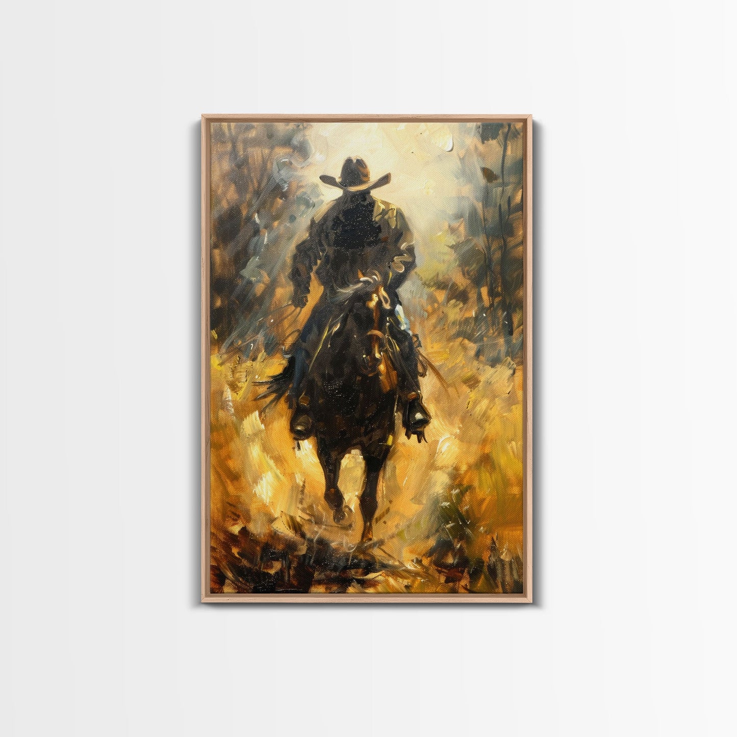 Cowboy Riding Horse into the Distance - Framed Canvas Print, Western Art, Rustic Decor, Living Room Wall Art, Cowboy Themed Art