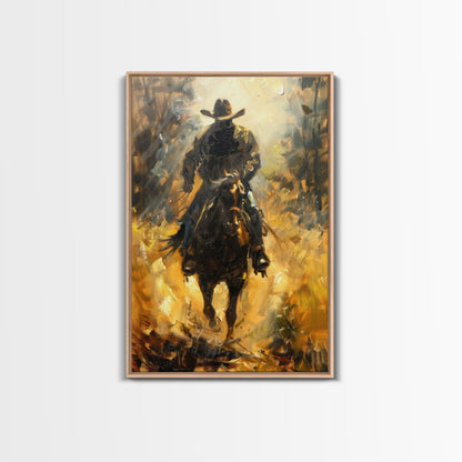 Cowboy Riding Horse into the Distance - Framed Canvas Print, Western Art, Rustic Decor, Living Room Wall Art, Cowboy Themed Art
