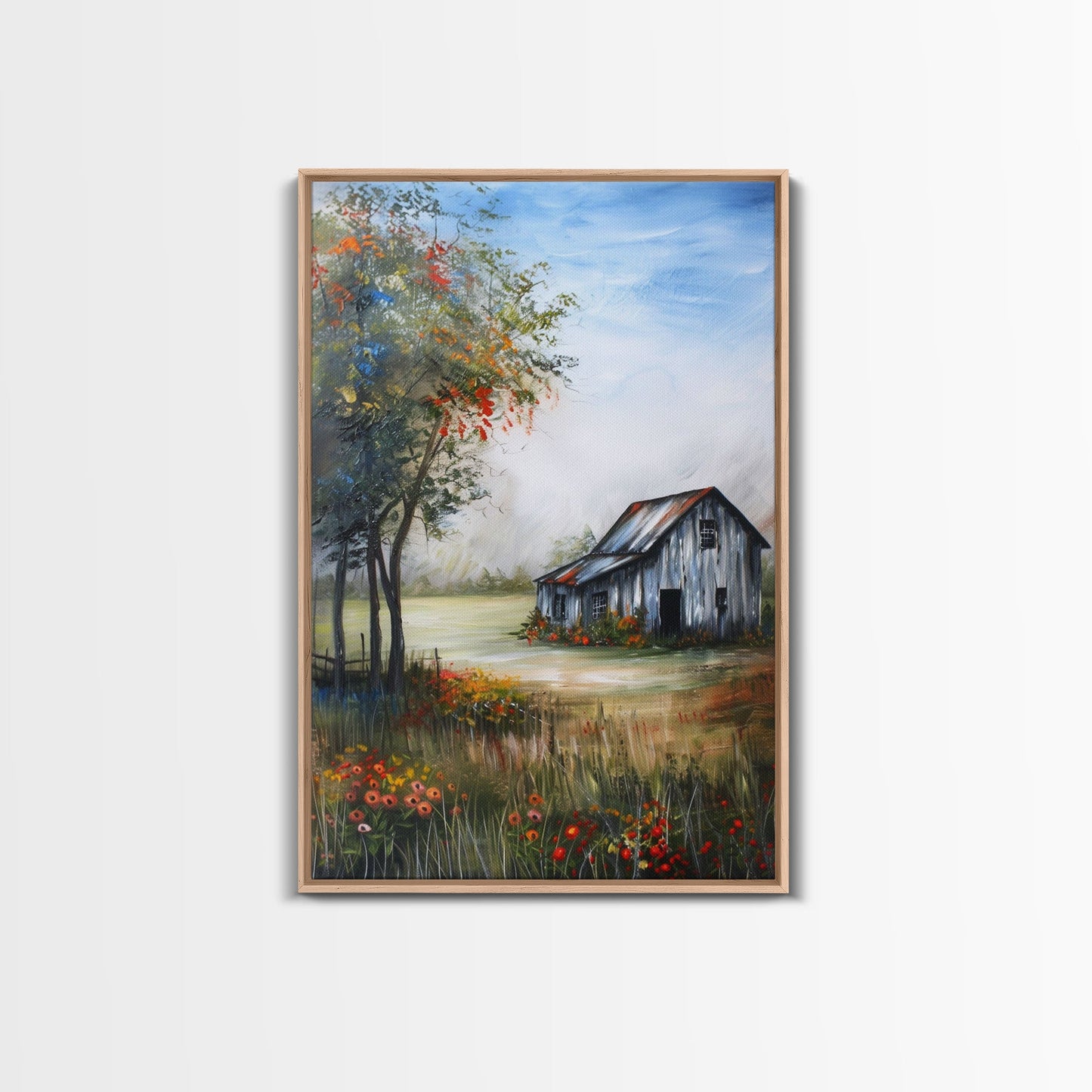 Idyllic Barn Scene with Rustic Charm - Framed Canvas Print, Country Living Room Decor, Farmhouse Wall Art, Barn Art Print for Bedroom