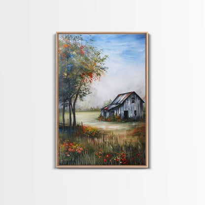 Idyllic Barn Scene with Rustic Charm - Framed Canvas Print, Country Living Room Decor, Farmhouse Wall Art, Barn Art Print for Bedroom