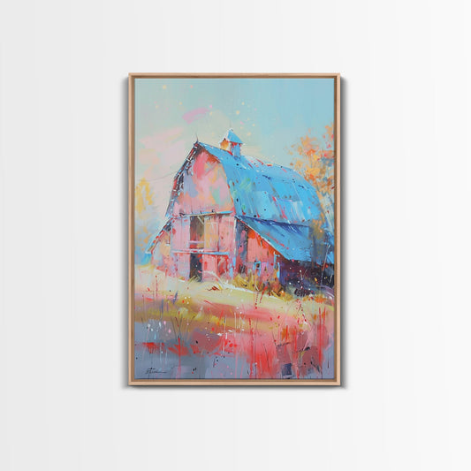 Charming Barn with Blue Roof in Pastel Colors - Framed Canvas Print, Rustic Farmhouse Decor, Country Art for Home, Living Room Wall Art