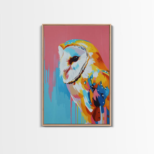 Colorful Owl Pop Art on Pink and Blue Background - Framed Canvas Print, Bird Decor, Owl Art for Living Room, Vibrant Wall Art for Bedroom
