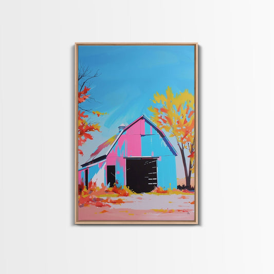 Bright Barn in Autumn Colors with Blue Sky - Framed Canvas Print, Rustic Decor, Barn Art for Living Room, Country Wall Art for Home