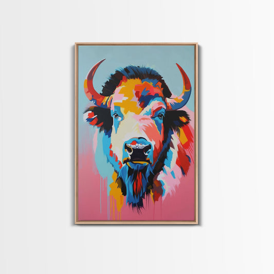 Colorful Bison Head in Pop Art Style - Framed Canvas Print, Animal Decor, Bison Art for Bedroom, Vibrant Wall Art for Living Room
