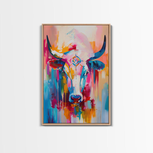 Colorful Bull Painting with Abstract Style - Framed Canvas Print, Bold Animal Wall Art, Modern Bull Decor for Living Room or Bedroom