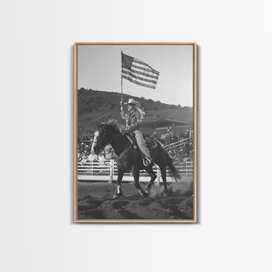 Cowgirl Flag Bearer Art Print, Western Rodeo Framed Canvas, Vintage Black and White Photography, Unique Wall Decor