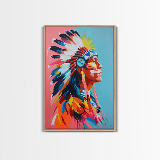 Colorful Native American Portrait - Framed Canvas Print, Vibrant Wall Art, Modern Living Room Decor, Bold Cultural Artwork, Native Art Print