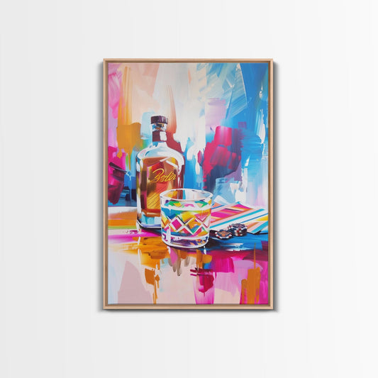 Colorful Whiskey Bottle and Glass Framed Canvas Print - Modern Bar Art, Living Room Decor, Vibrant Wall Art for Home Decoration