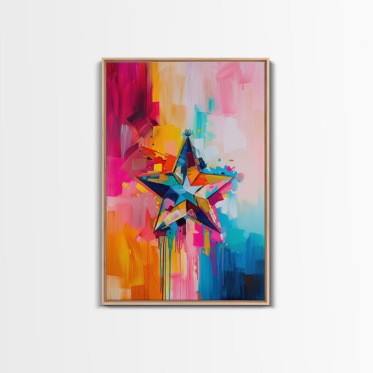 Colorful Abstract Star Wall Art - Framed Canvas Print, Modern Living Room Decor, Vibrant Star Artwork, Bedroom Wall Art