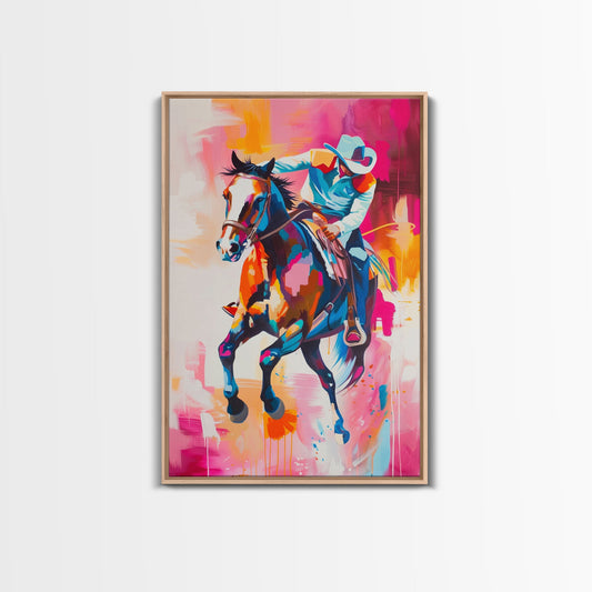 Colorful Cowboy Riding Horse Art - Framed Canvas Print, Vibrant Western Decor, Unique Living Room Wall Art, Home Decor