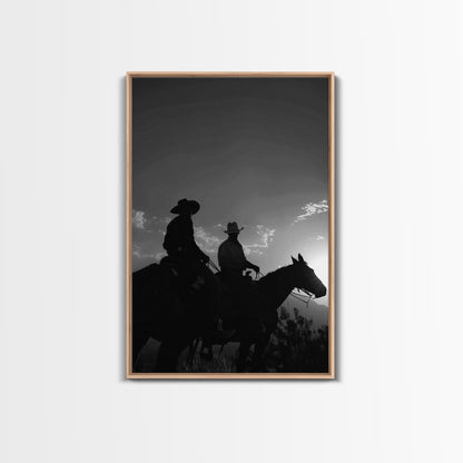 Two Cowboys Riding at Sunset in a Serene Black and White Western Landscape for Wall Art, Canvas Prints, Home Decor, Living Room Art