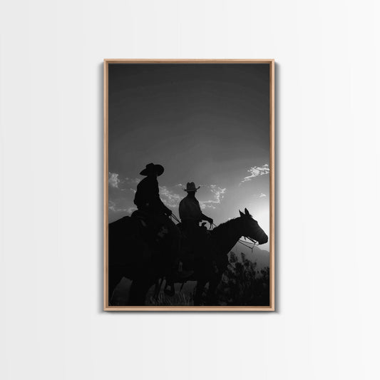 Two Cowboys Riding at Sunset in a Serene Black and White Western Landscape for Wall Art, Canvas Prints, Home Decor, Living Room Art