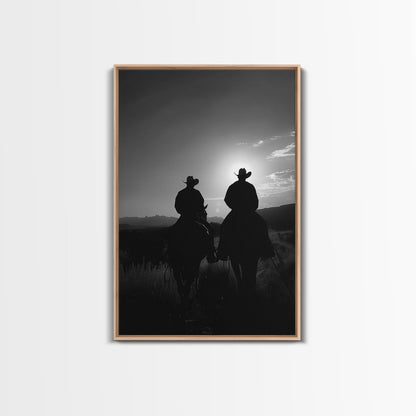 Silhouetted Cowboys on Horseback Riding into the Sunset for Western Wall Art, Canvas Prints, Home Decor, Living Room Art, Bedroom Art