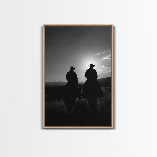 Silhouetted Cowboys on Horseback Riding into the Sunset for Western Wall Art, Canvas Prints, Home Decor, Living Room Art, Bedroom Art