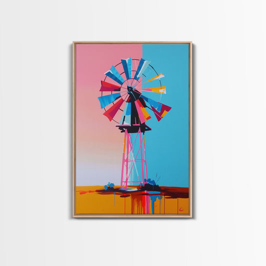 Bright Windmill Abstract Art - Framed Canvas Print, Whimsical Windmill Decor, Colorful Farmhouse Wall Art, Unique Living Room Decor