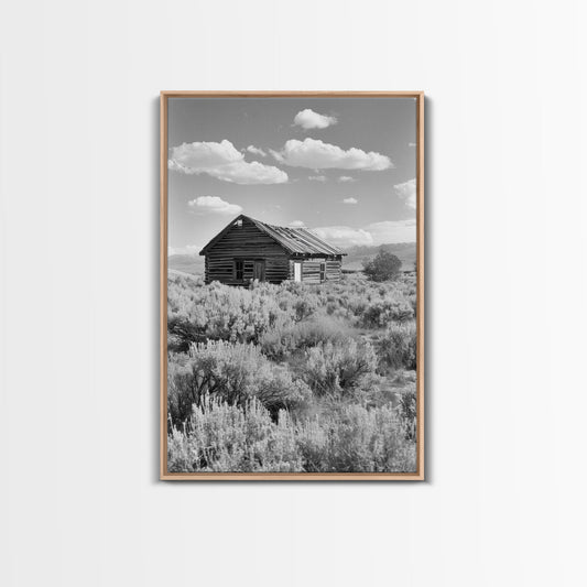 Abandoned Cabin in the Wild Black and White Photography - Framed Canvas Print, Rustic Home Decor, Vintage Landscape Wall Art