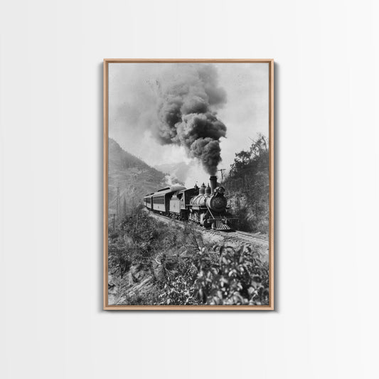 Vintage Train in Motion Black and White Photography - Framed Canvas Print, Railroad Art, Rustic Train Wall Art for Home Decor