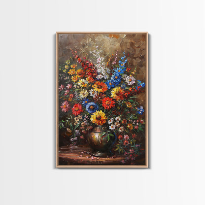 Bold Flower Bouquet Art on Dark Background - Framed Canvas Print, Vibrant Floral Wall Art for Living Room, Modern Artwork, Flower Decor