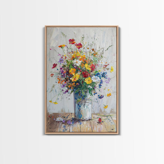 Delicate Flower Vase Art with Light Colors - Framed Canvas Print, Soft Floral Decor for Living Room, Gentle Botanical Artwork, Pastel Wall A
