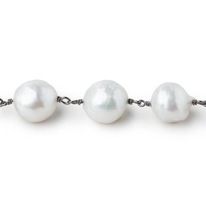 10-13mm White Ultra Baroque Pearls on Black Gold .925 Chain by the foot 17 pcs