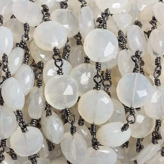 10mm Grey Chalcedony faceted coin Black Gold Chain by the foot 18 beads