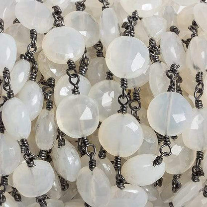 10mm Grey Chalcedony faceted coin Black Gold Chain by the foot 18 beads