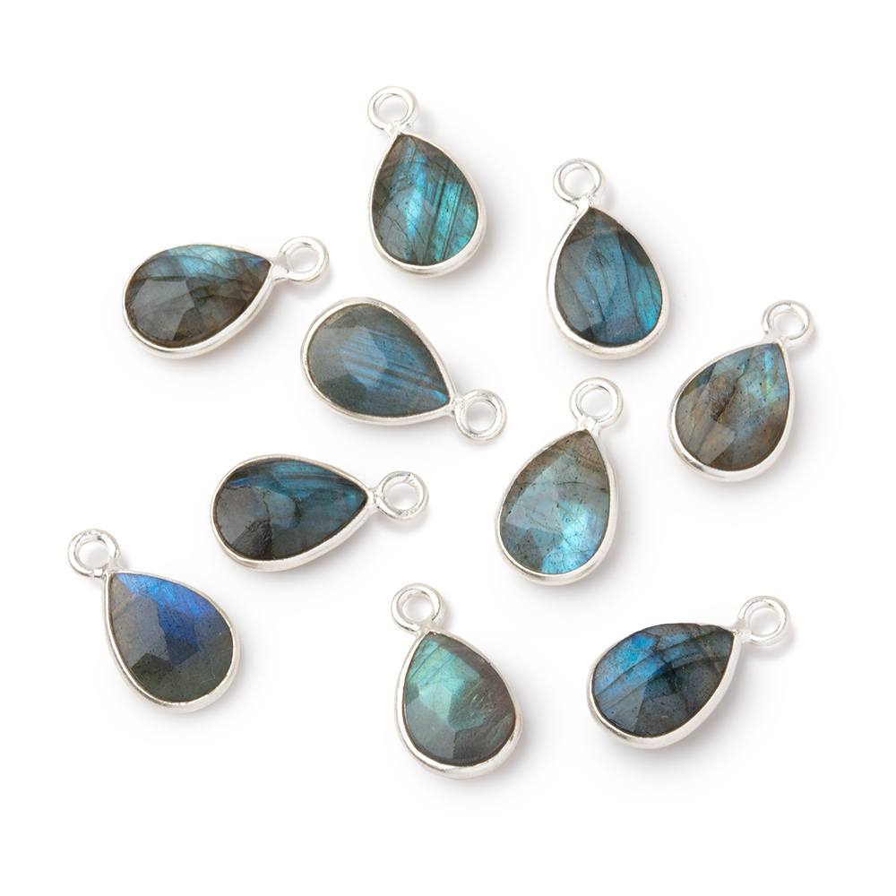 9x12mm Silver Bezel Blue Flash Labradorite Faceted Pear Pendant 1 Focal