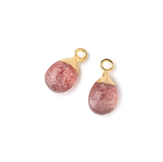 10x7mm Gold Leafed Strawberry Quartz Faceted Pear Set of 2 Pendants