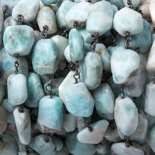 10x9-13x9mm Larimar faceted nugget Oxidized .925 Silver Chain by the foot 20pc