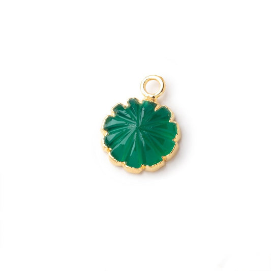 11-12mm Gold Leafed Green Onyx Carved Floral Coin Focal Pendant 1 piece