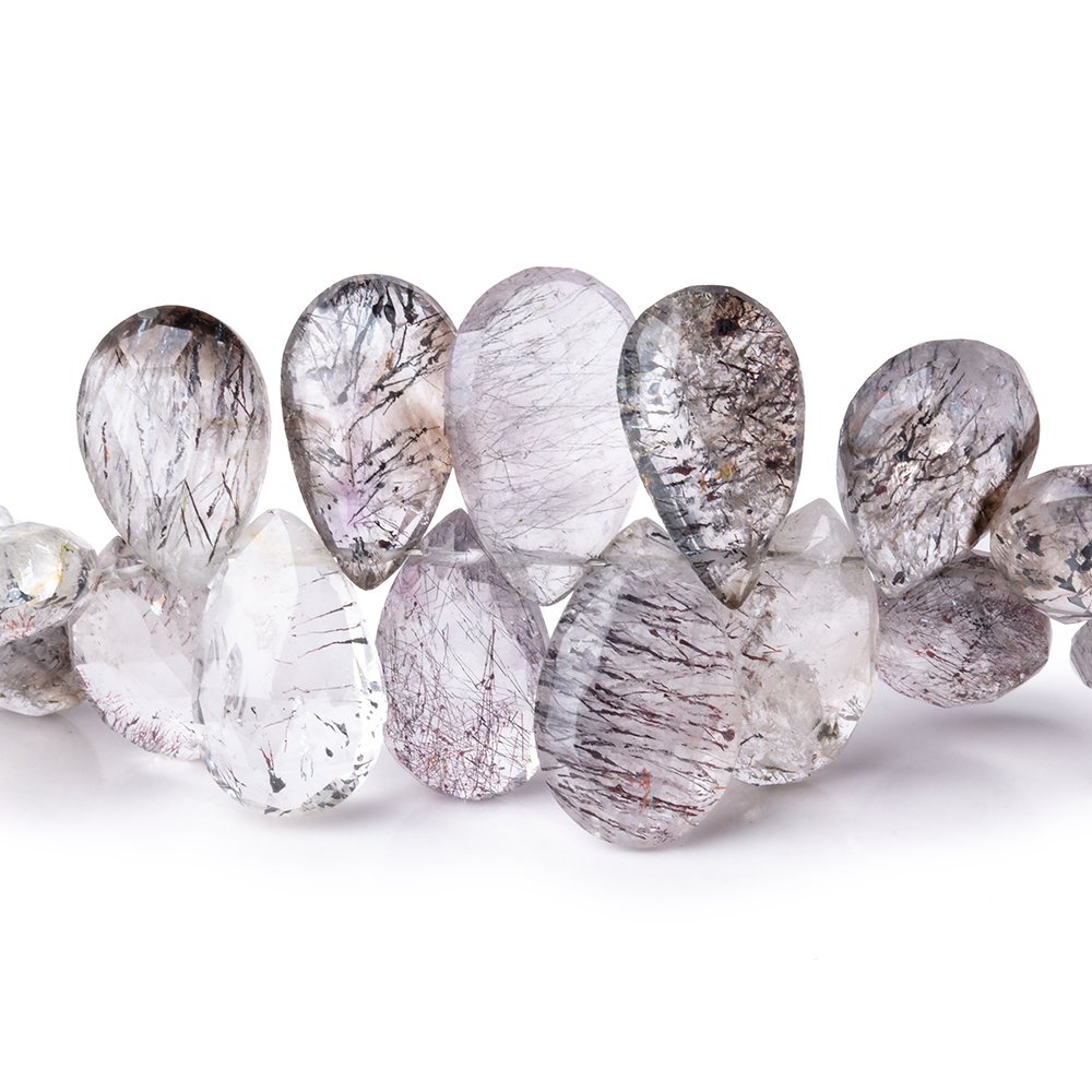 11-16mm Moss Amethyst & Tourmalinated Quartz Faceted Pears 7.5 inch 47 pcs