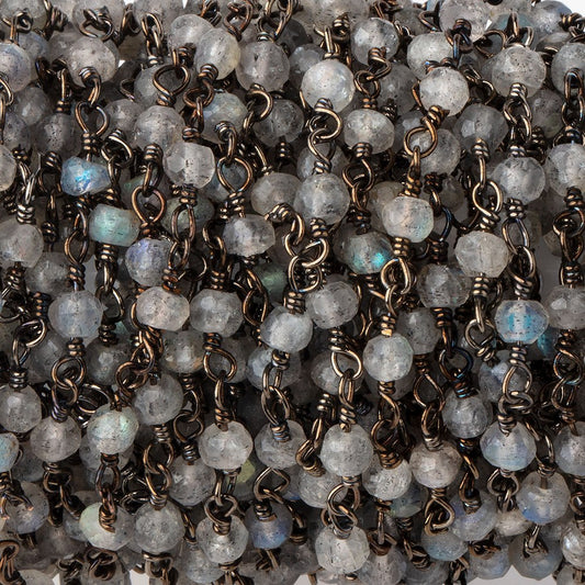 3mm Labradorite faceted rondelle Black Gold Chain by the foot 36 pieces