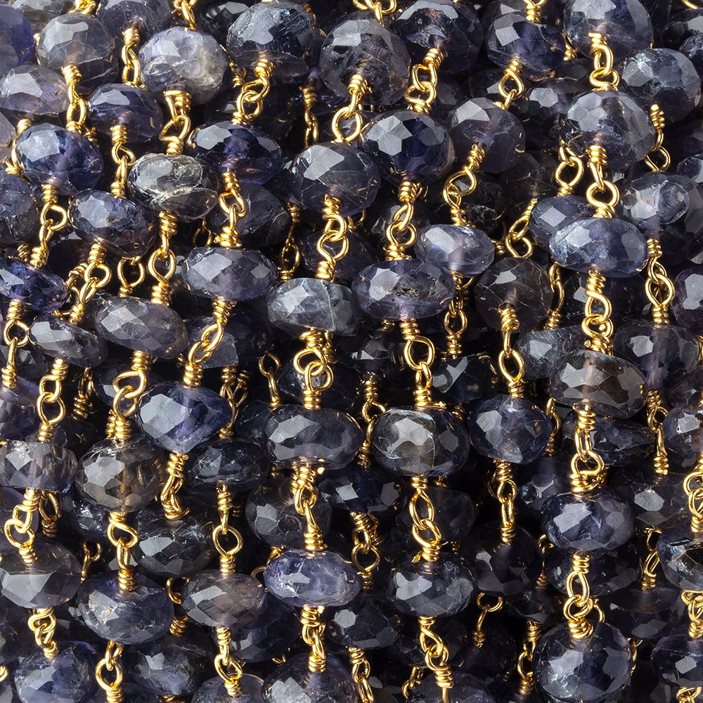 6mm Iolite faceted rondelle Gold Chain by the foot 30 pcs