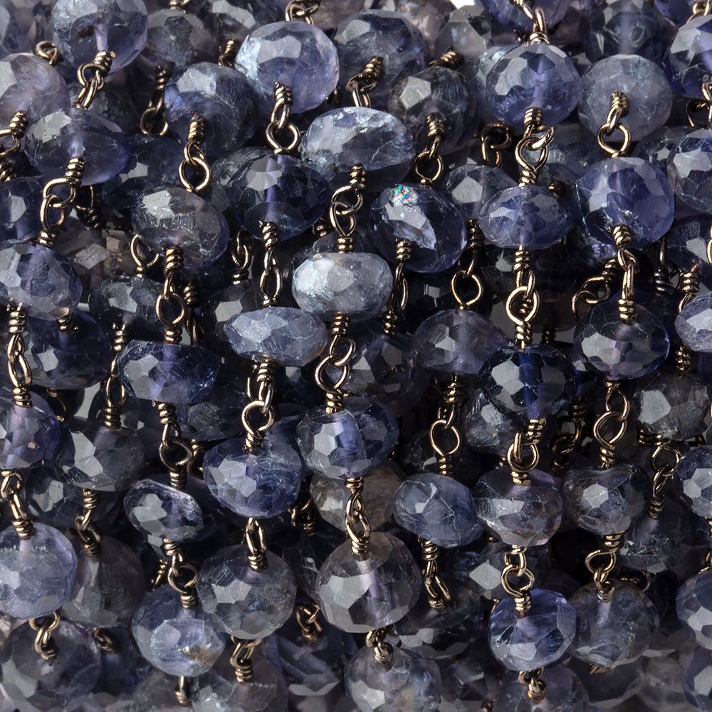 6mm Iolite faceted rondelle Black Gold Chain by the foot 30 pcs