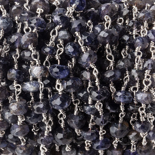 6mm Iolite faceted rondelle Silver Chain by the foot 30 pcs