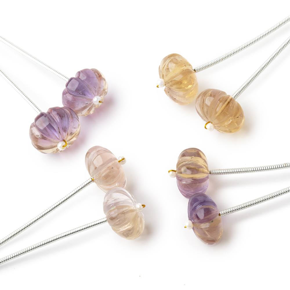 11.5-12mm Ametrine Carved Melon Focals Set of 2 Beads