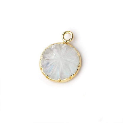 11-12mm 22kt Gold Leafed Rainbow Moonstone carved floral coin Pendant 1 focal bead