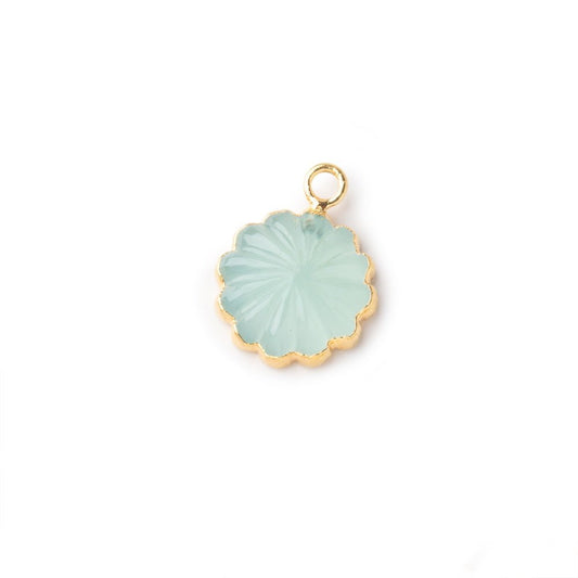 11mm Gold Leafed Seafoam Blue Chalcedony Carved Floral Coin Focal Pendant 1 piece