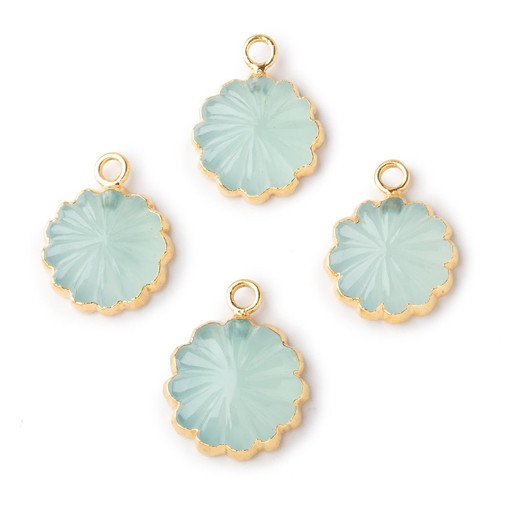 11mm Gold Leafed Seafoam Blue Chalcedony Carved Floral Coin Focal Pendant 1 piece