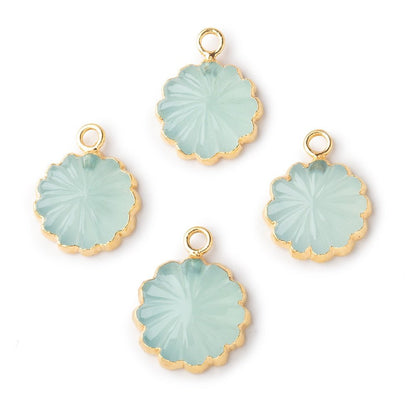 11mm Gold Leafed Seafoam Blue Chalcedony Carved Floral Coin Focal Pendant 1 piece