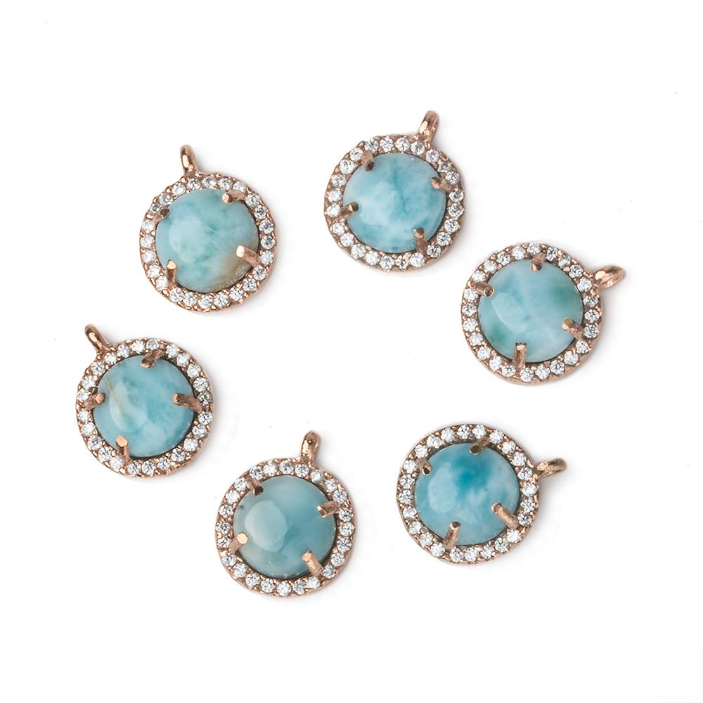 11mm Rose Gold Bezel White CZ and Larimar Coin Pendant 1 focal piece